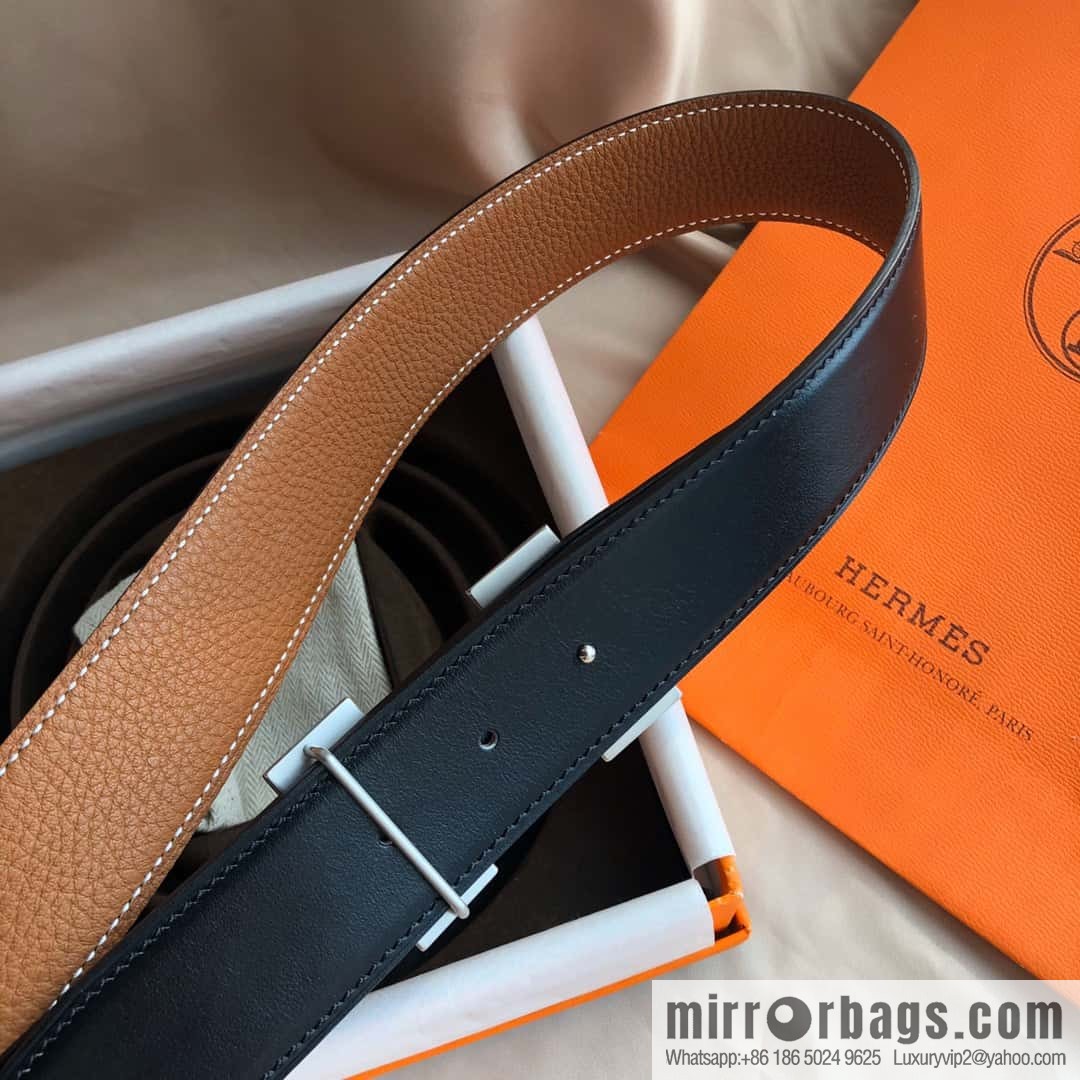 Hermes, Stainless Steel Double Row Diamond Buckle, Men's Double-Sided Leather Belt 38mm