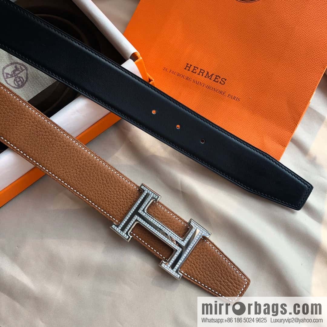Hermes, Stainless Steel Double Row Diamond Buckle, Men's Double-Sided Leather Belt 38mm