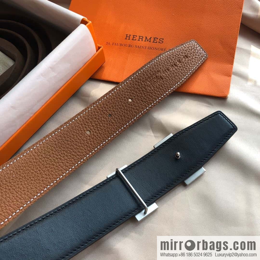 Hermes, Stainless Steel Double Row Diamond Buckle, Men's Double-Sided Leather Belt 38mm