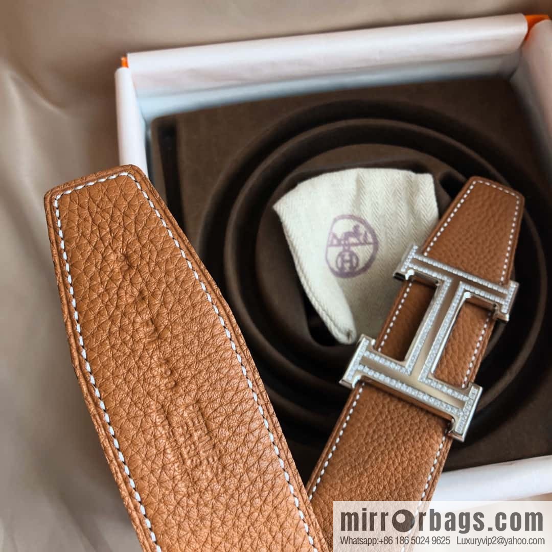 Hermes, Stainless Steel Double Row Diamond Buckle, Men's Double-Sided Leather Belt 38mm