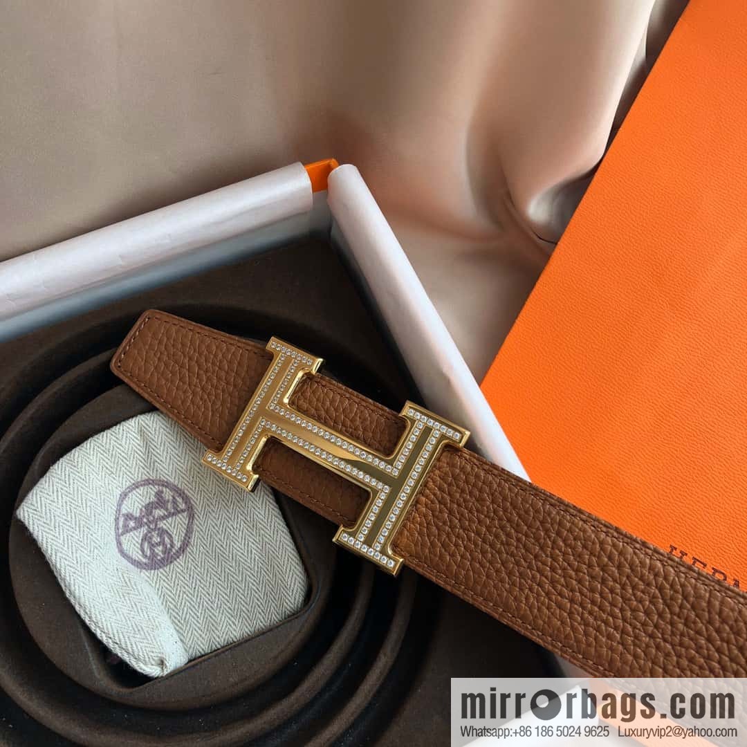 Hermes, Stainless Steel Double Row Diamond Buckle, Men's Double-Sided Leather Belt 38mm