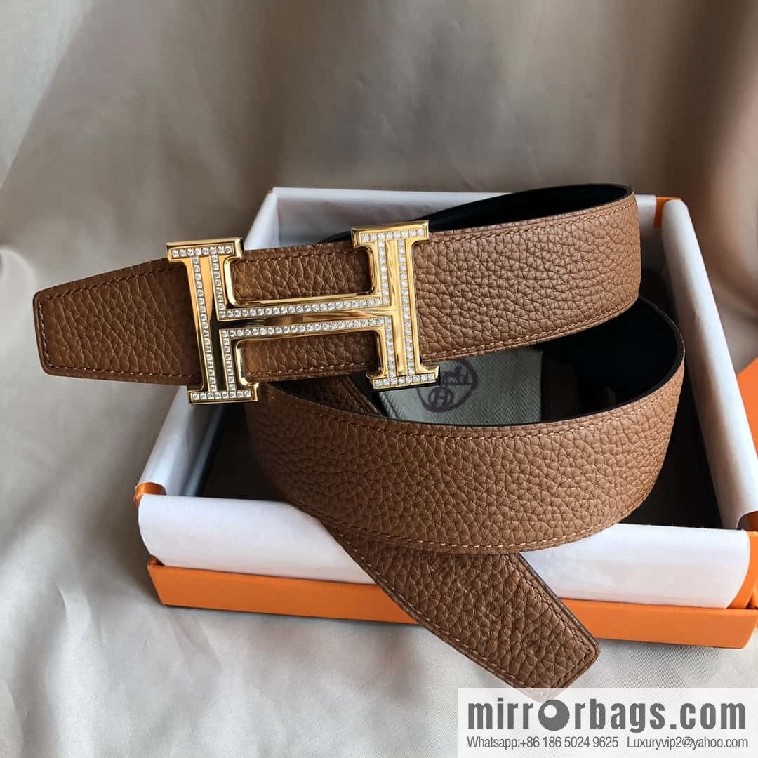 Hermes, Stainless Steel Double Row Diamond Buckle, Men's Double-Sided Leather Belt 38mm