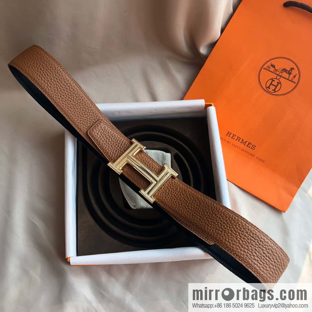 Hermes, Stainless Steel Double Row Diamond Buckle, Men's Double-Sided Leather Belt 38mm