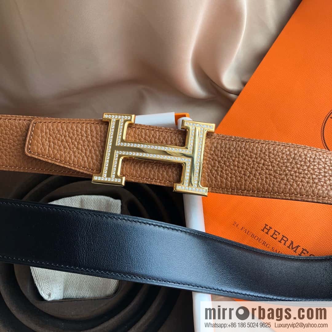 Hermes, Stainless Steel Double Row Diamond Buckle, Men's Double-Sided Leather Belt 38mm