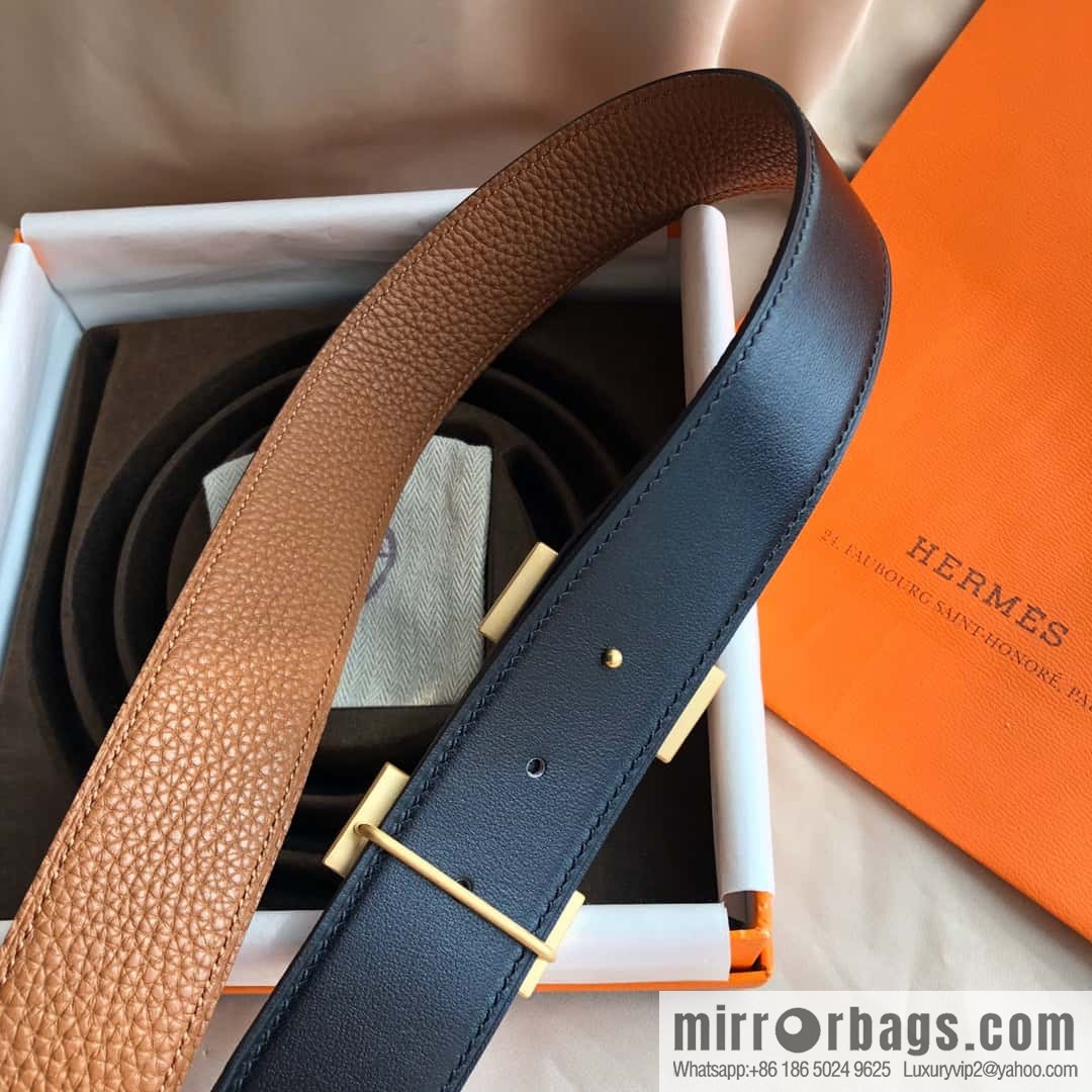 Hermes, Stainless Steel Double Row Diamond Buckle, Men's Double-Sided Leather Belt 38mm