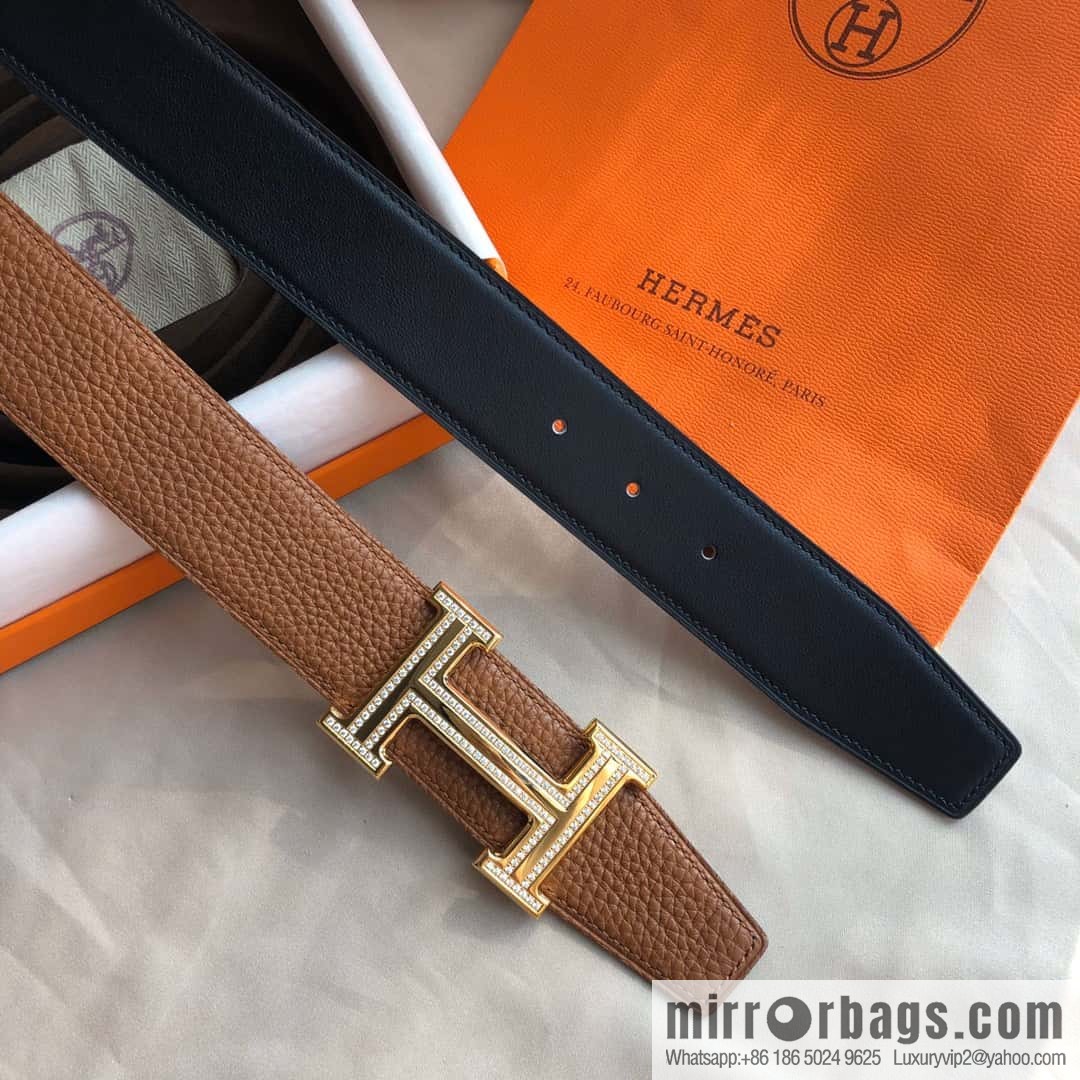 Hermes, Stainless Steel Double Row Diamond Buckle, Men's Double-Sided Leather Belt 38mm