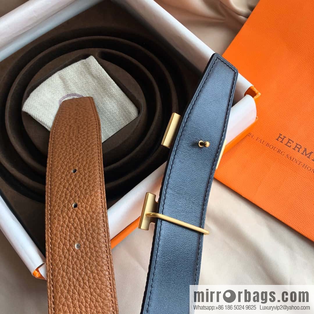 Hermes, Stainless Steel Double Row Diamond Buckle, Men's Double-Sided Leather Belt 38mm