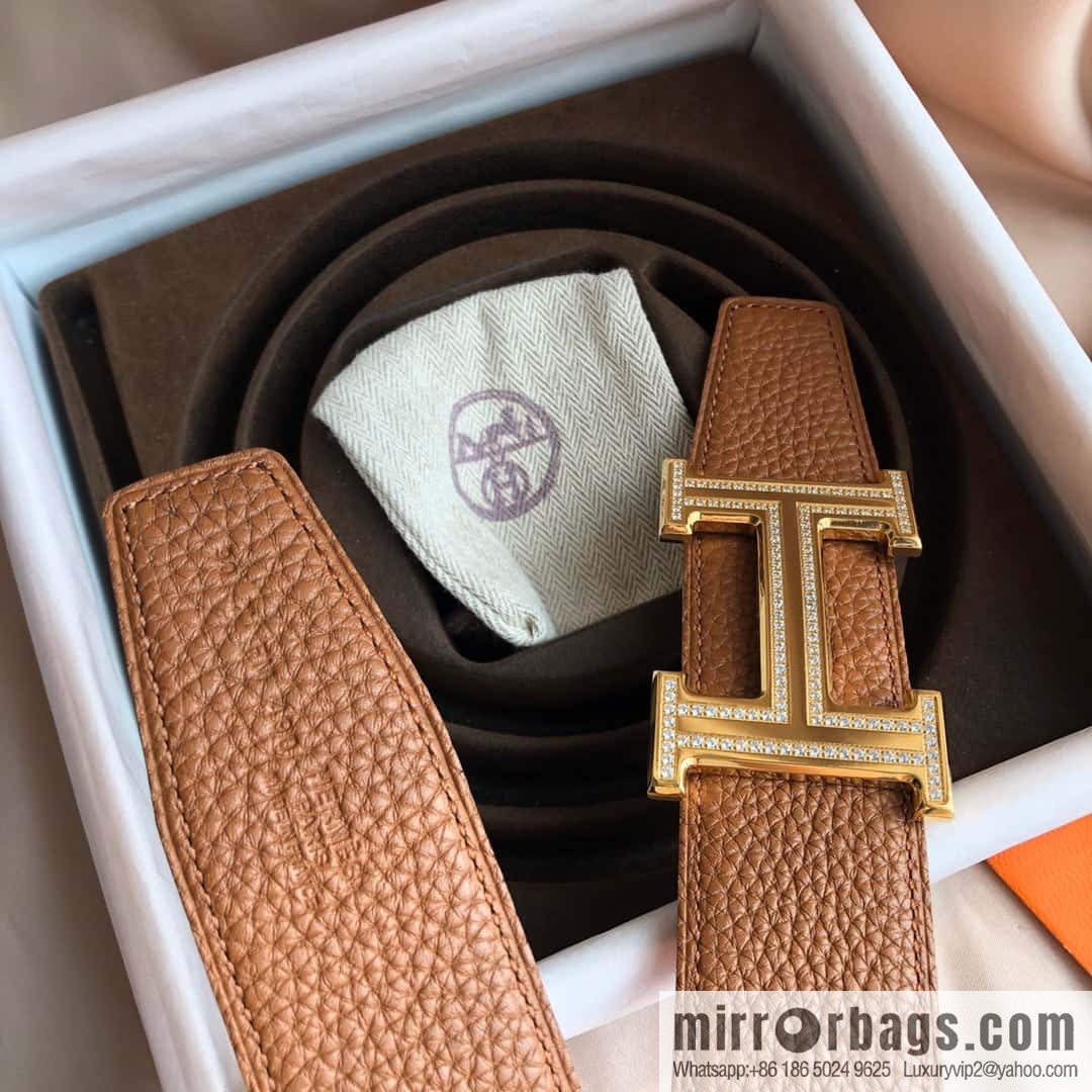 Hermes, Stainless Steel Double Row Diamond Buckle, Men's Double-Sided Leather Belt 38mm