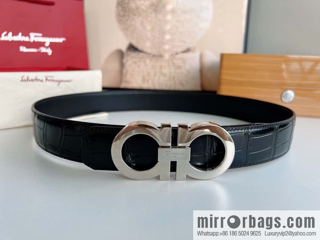 Ferragamo 3.5cm imported cowhide pressed pattern, crocodile pattern belt