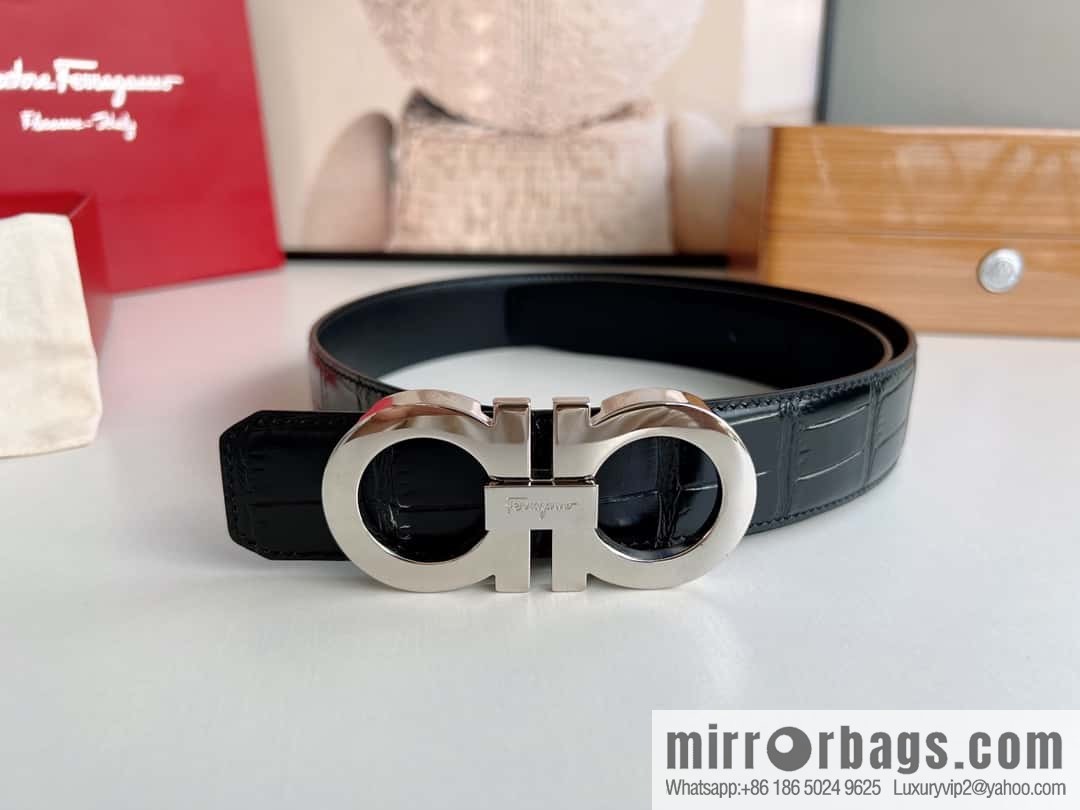 Ferragamo 3.5cm imported cowhide pressed pattern, crocodile pattern belt