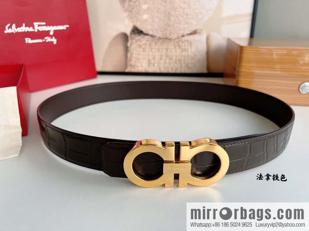 Ferragamo 3.5cm imported cowhide pressed pattern, crocodile pattern belt