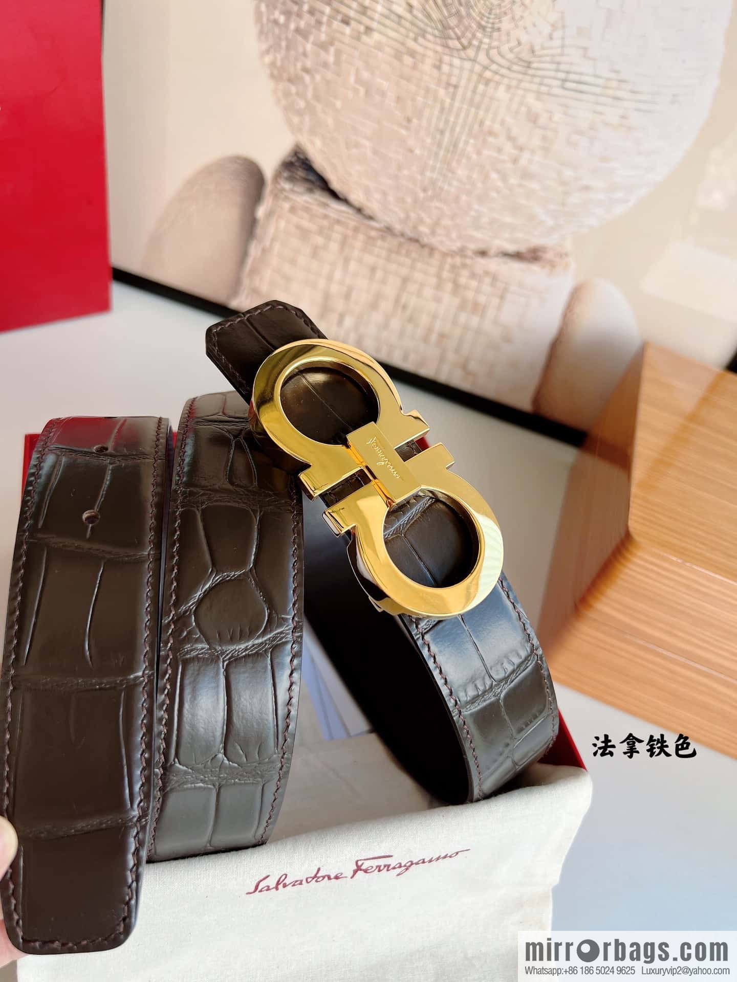 Ferragamo 3.5cm imported cowhide pressed pattern, crocodile pattern belt