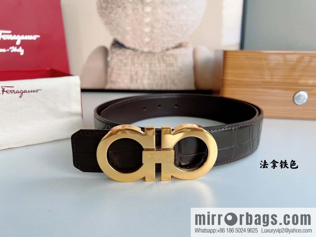 Ferragamo 3.5cm imported cowhide pressed pattern, crocodile pattern belt