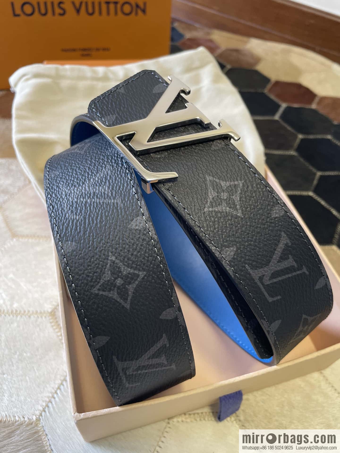 LV Monogram pattern calfskin, stainless steel letter rolling sand buckle 4.0CM belt