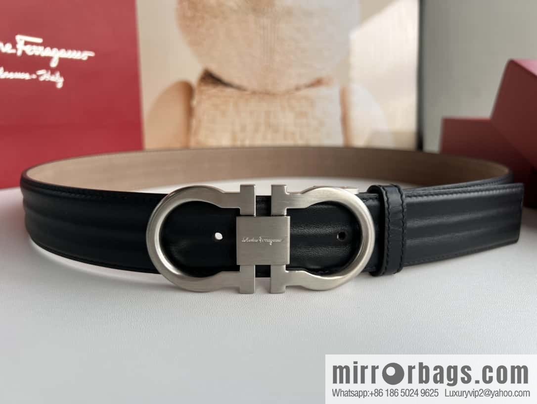 Ferragamo 8-character metal buckle, cowhide wavy texture belt 3.5CM