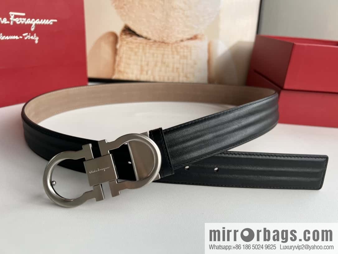 Ferragamo 8-character metal buckle, cowhide wavy texture belt 3.5CM