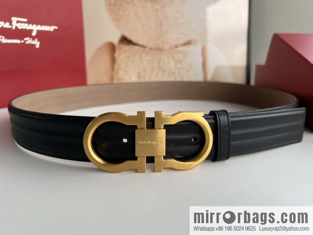 Ferragamo 8-character metal buckle, cowhide wavy texture belt 3.5CM
