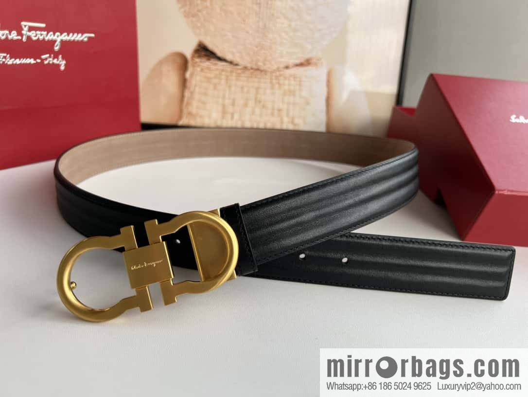 Ferragamo 8-character metal buckle, cowhide wavy texture belt 3.5CM