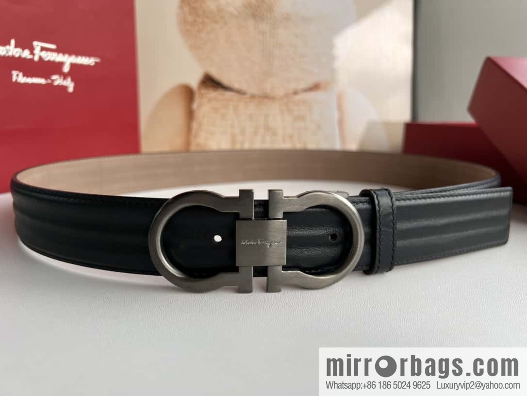 Ferragamo 8-character metal buckle, cowhide wavy texture belt 3.5CM