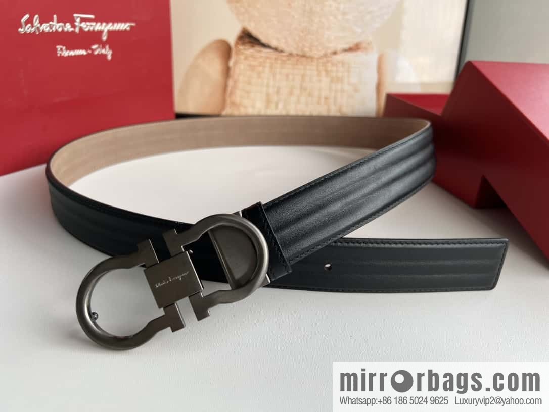 Ferragamo 8-character metal buckle, cowhide wavy texture belt 3.5CM
