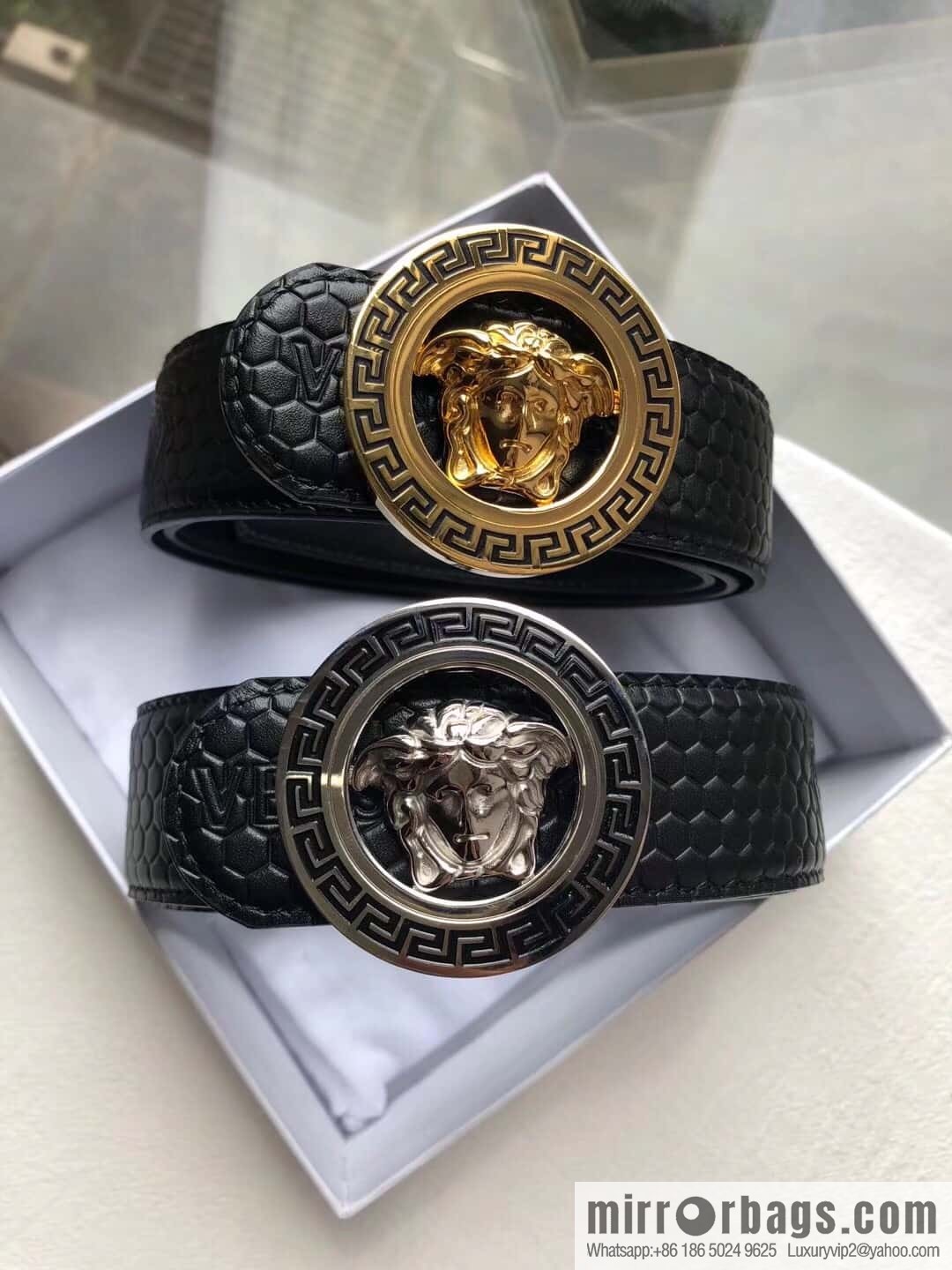 VERSACE stainless steel hollow Medusa metal buckle 3.8cm cowhide belt
