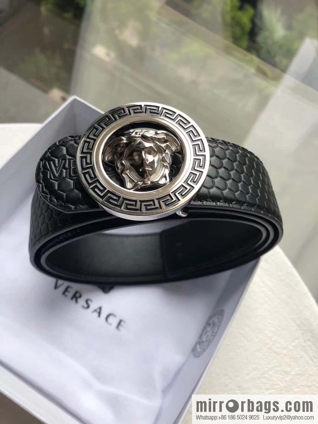 VERSACE stainless steel hollow Medusa metal buckle 3.8cm cowhide belt