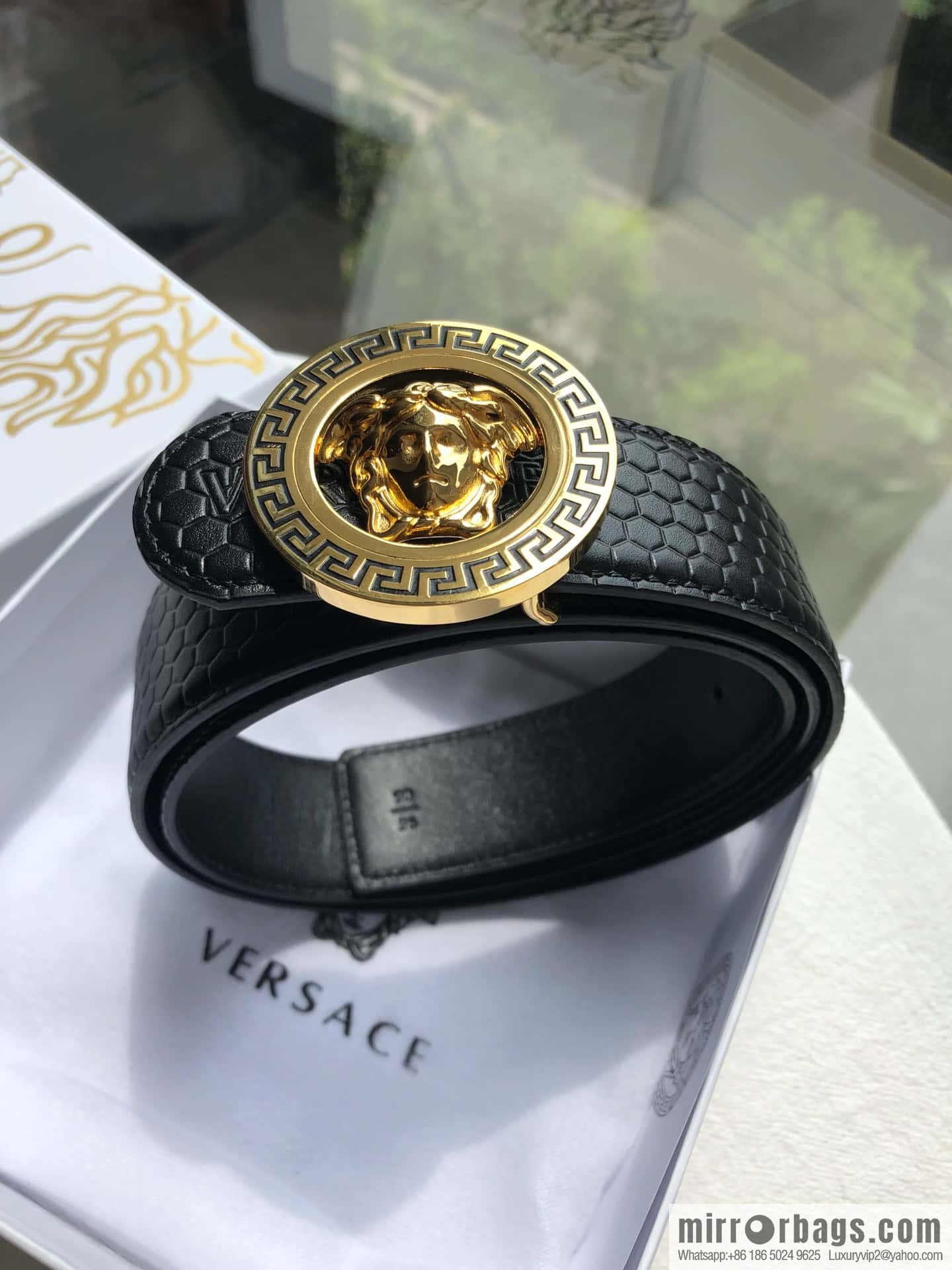 VERSACE stainless steel hollow Medusa metal buckle 3.8cm cowhide belt