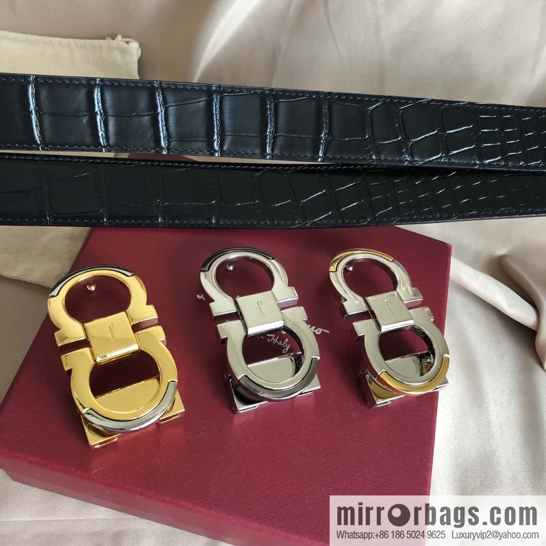 Ferragamo Gancio Double Circle Intertone Edge Metal Clip Buckle, Crocodile Belt 3.5cm