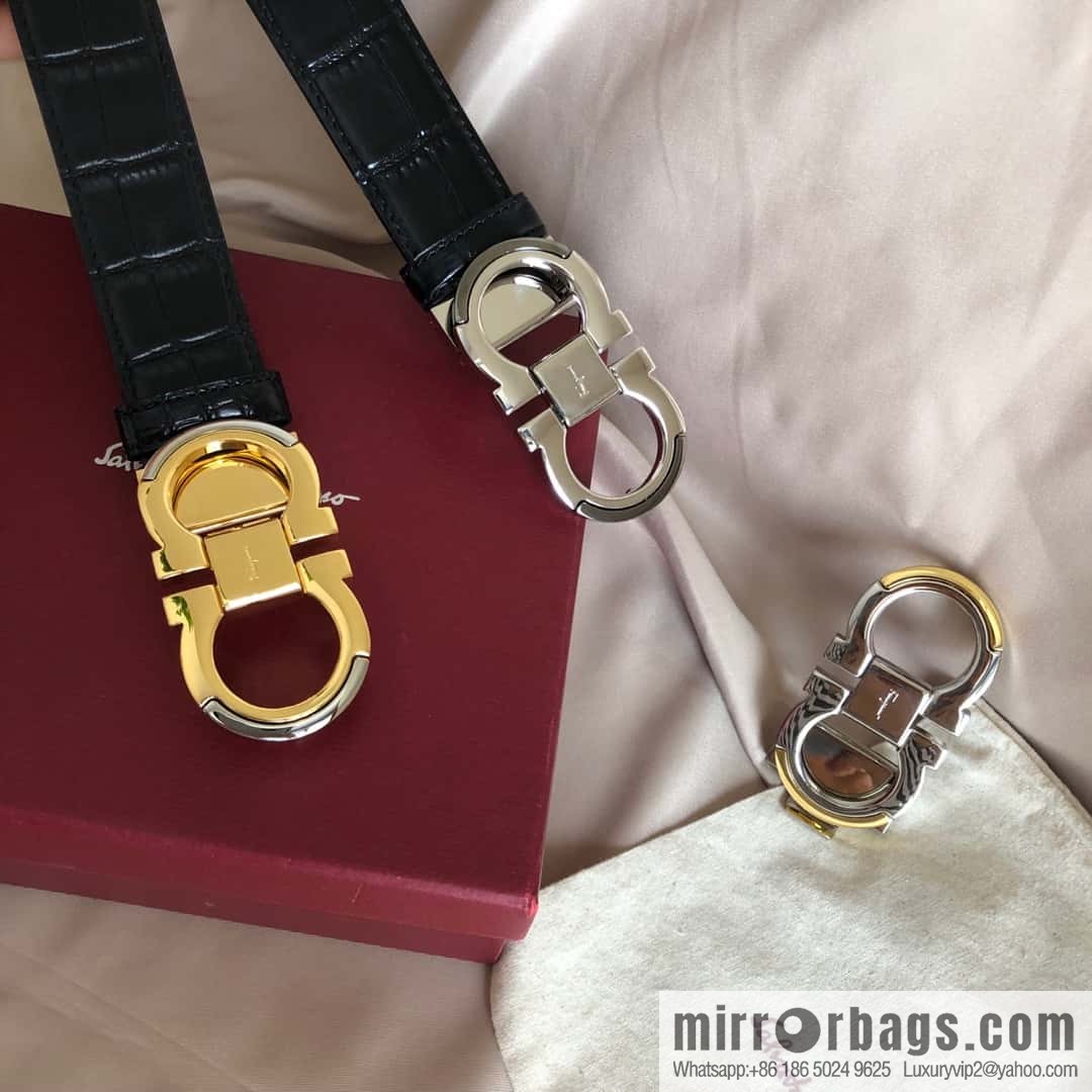 Ferragamo Gancio Double Circle Intertone Edge Metal Clip Buckle, Crocodile Belt 3.5cm