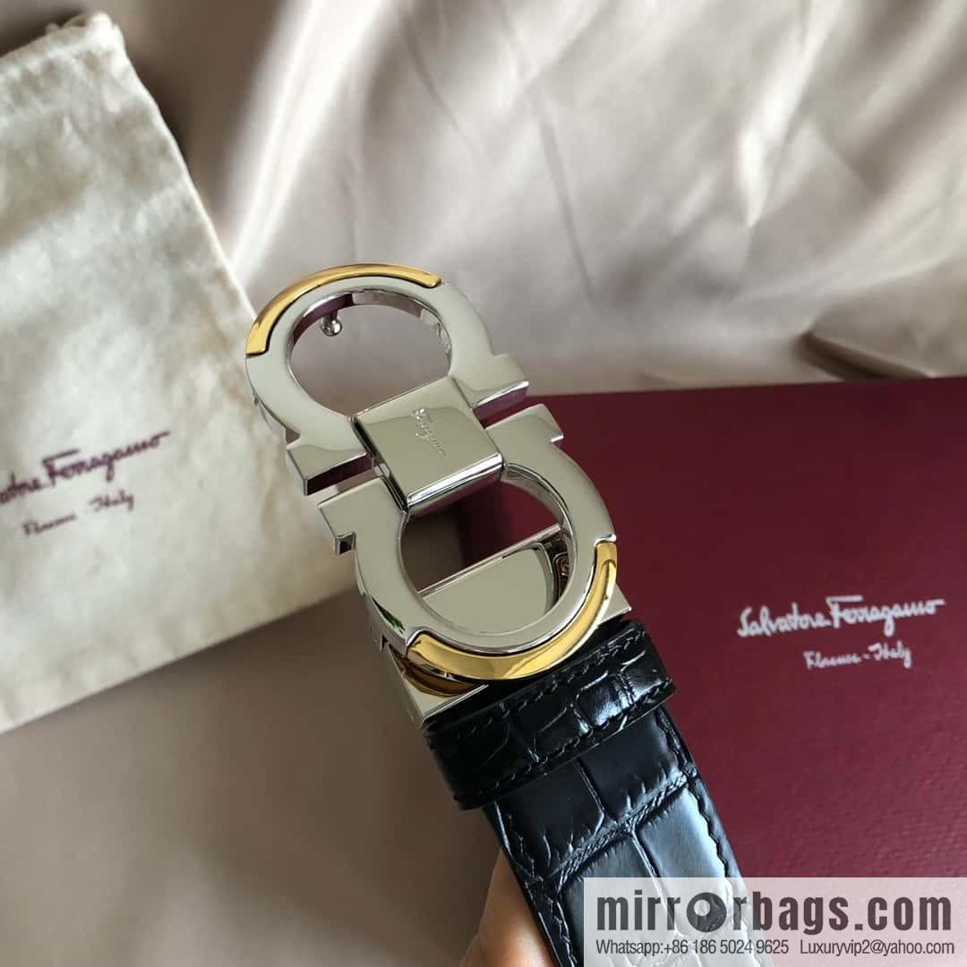 Ferragamo Gancio Double Circle Intertone Edge Metal Clip Buckle, Crocodile Belt 3.5cm