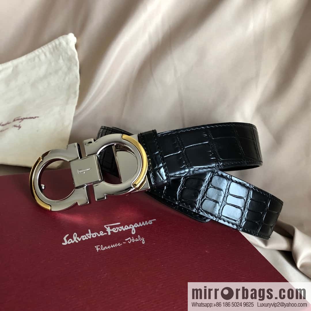 Ferragamo Gancio Double Circle Intertone Edge Metal Clip Buckle, Crocodile Belt 3.5cm