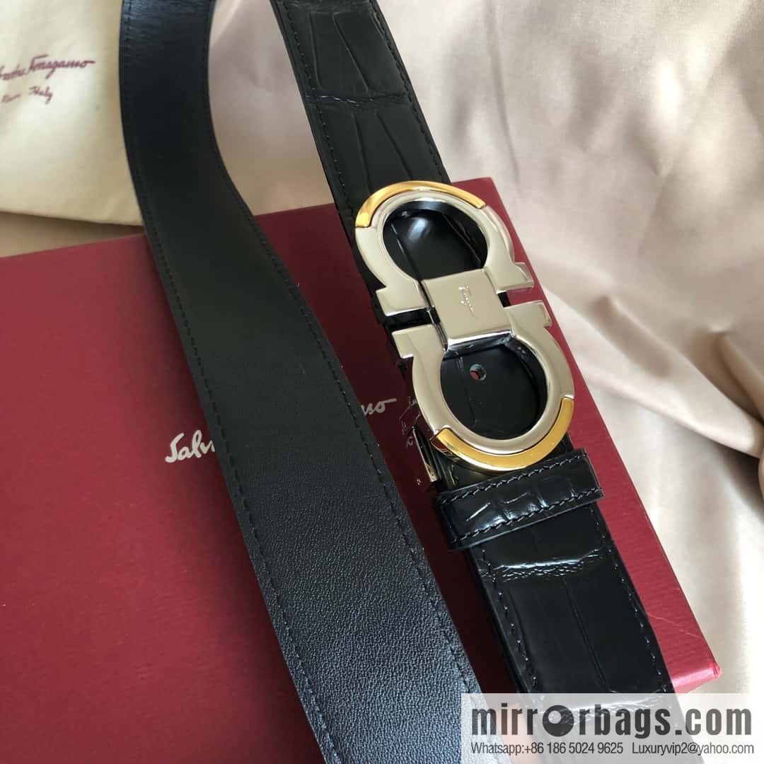 Ferragamo Gancio Double Circle Intertone Edge Metal Clip Buckle, Crocodile Belt 3.5cm