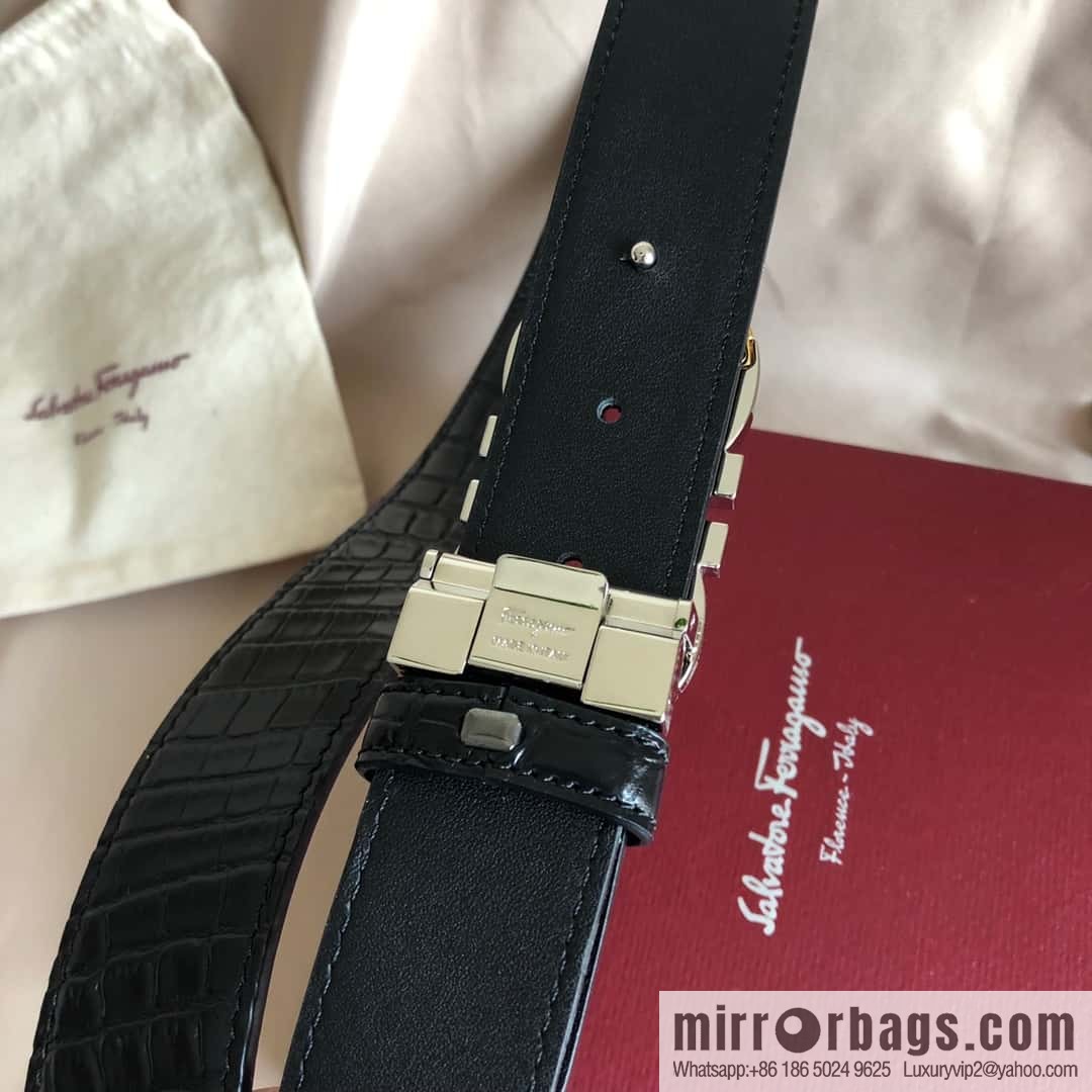 Ferragamo Gancio Double Circle Intertone Edge Metal Clip Buckle, Crocodile Belt 3.5cm