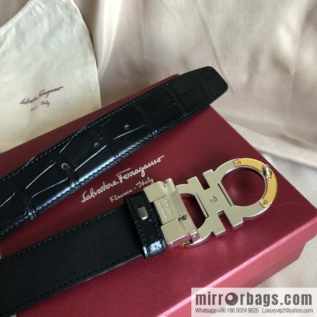 Ferragamo Gancio Double Circle Intertone Edge Metal Clip Buckle, Crocodile Belt 3.5cm