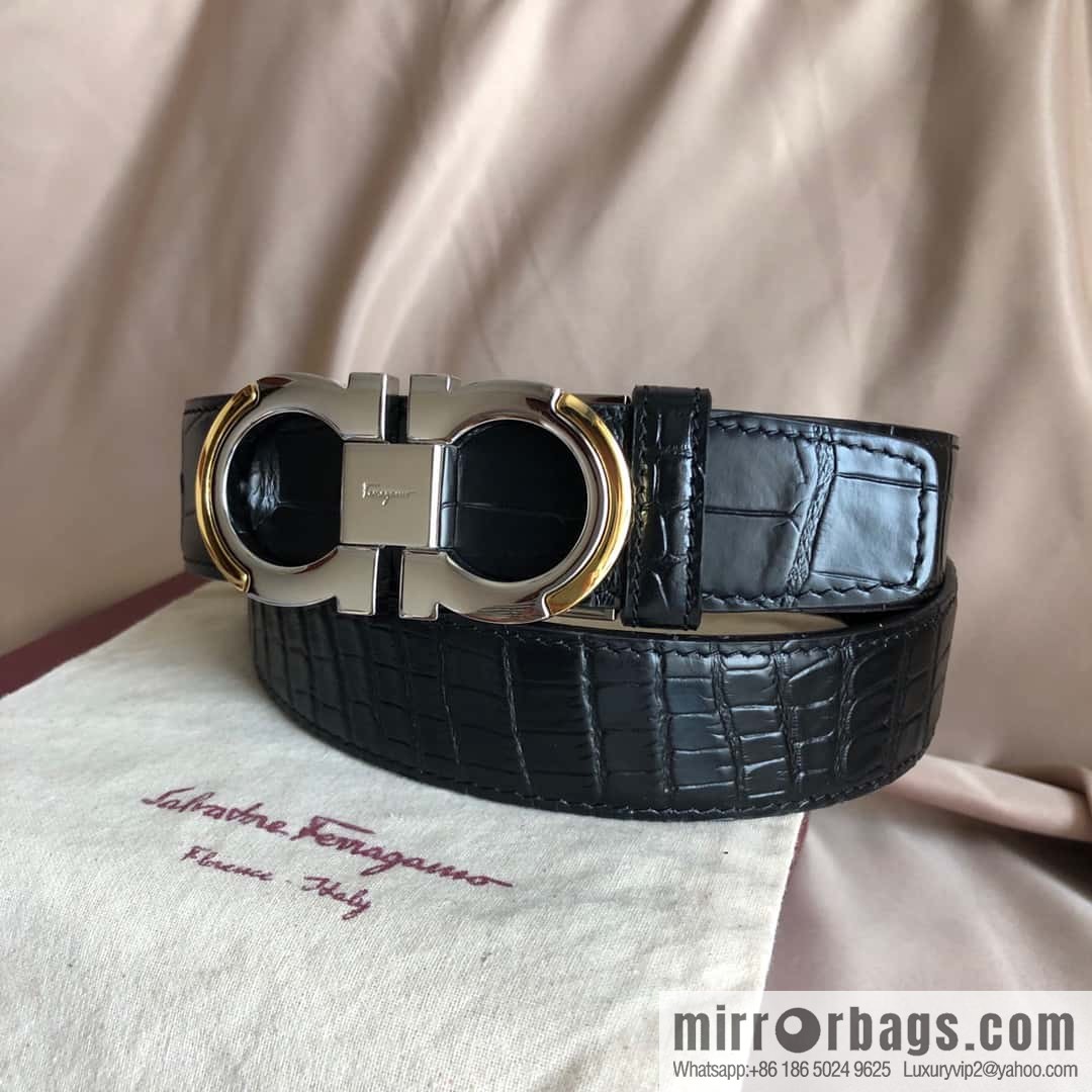 Ferragamo Gancio Double Circle Intertone Edge Metal Clip Buckle, Crocodile Belt 3.5cm