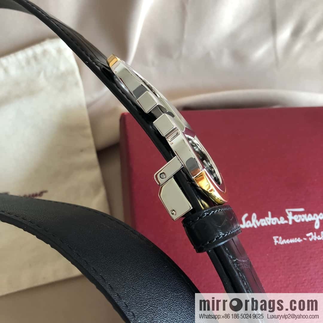 Ferragamo Gancio Double Circle Intertone Edge Metal Clip Buckle, Crocodile Belt 3.5cm