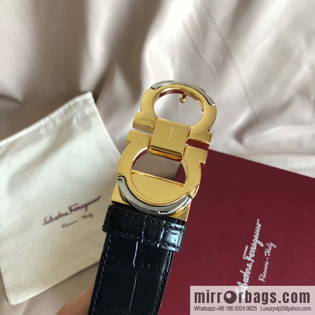 Ferragamo Gancio Double Circle Intertone Edge Metal Clip Buckle, Crocodile Belt 3.5cm