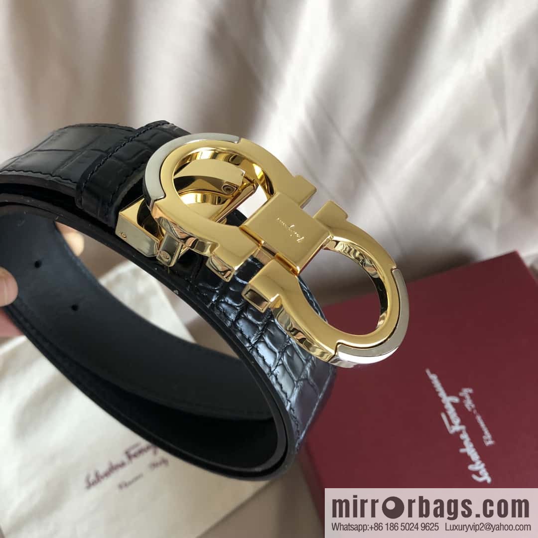 Ferragamo Gancio Double Circle Intertone Edge Metal Clip Buckle, Crocodile Belt 3.5cm