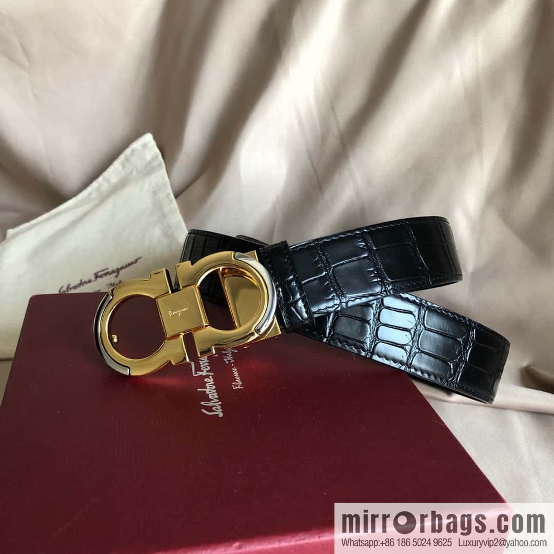 Ferragamo Gancio Double Circle Intertone Edge Metal Clip Buckle, Crocodile Belt 3.5cm