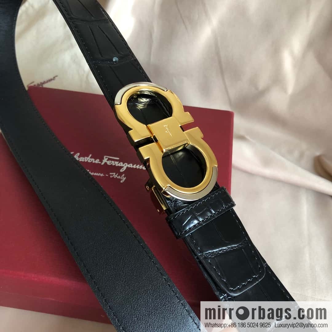 Ferragamo Gancio Double Circle Intertone Edge Metal Clip Buckle, Crocodile Belt 3.5cm