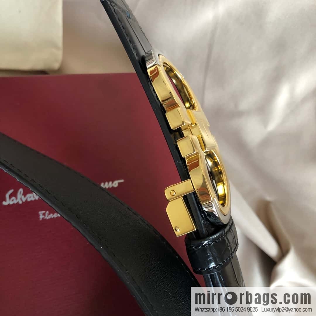 Ferragamo Gancio Double Circle Intertone Edge Metal Clip Buckle, Crocodile Belt 3.5cm