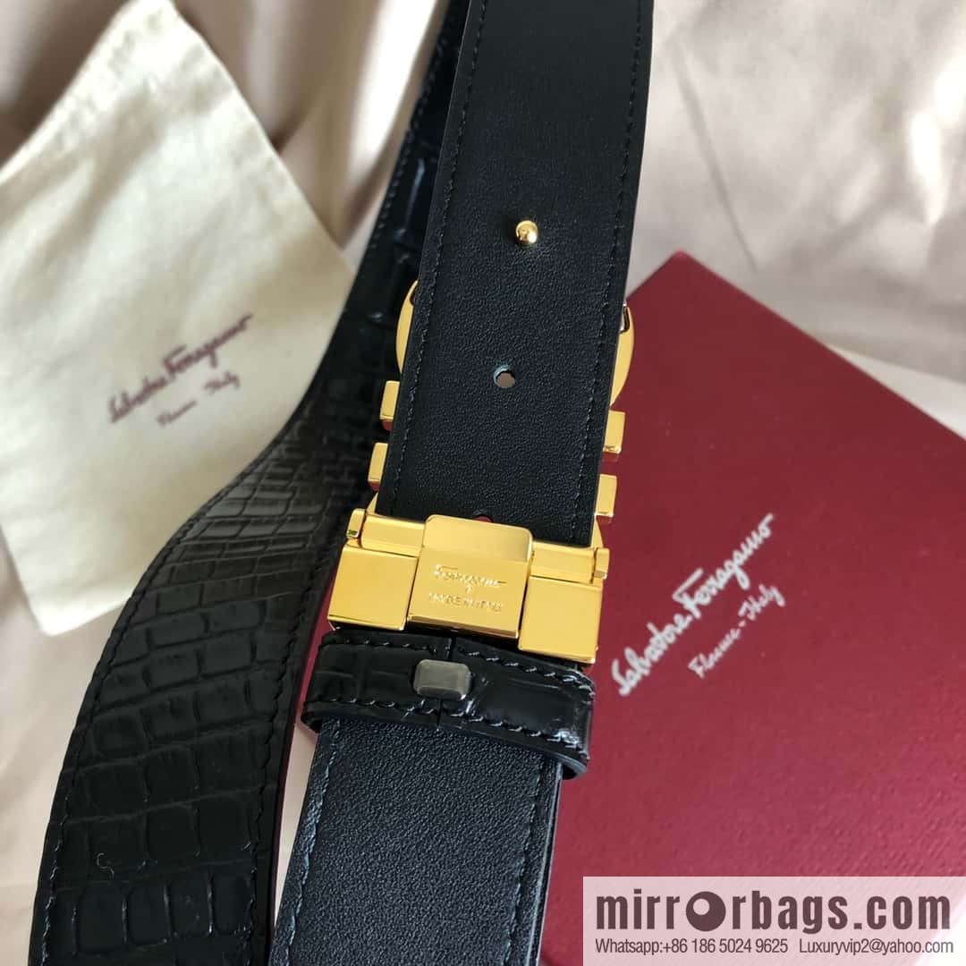 Ferragamo Gancio Double Circle Intertone Edge Metal Clip Buckle, Crocodile Belt 3.5cm