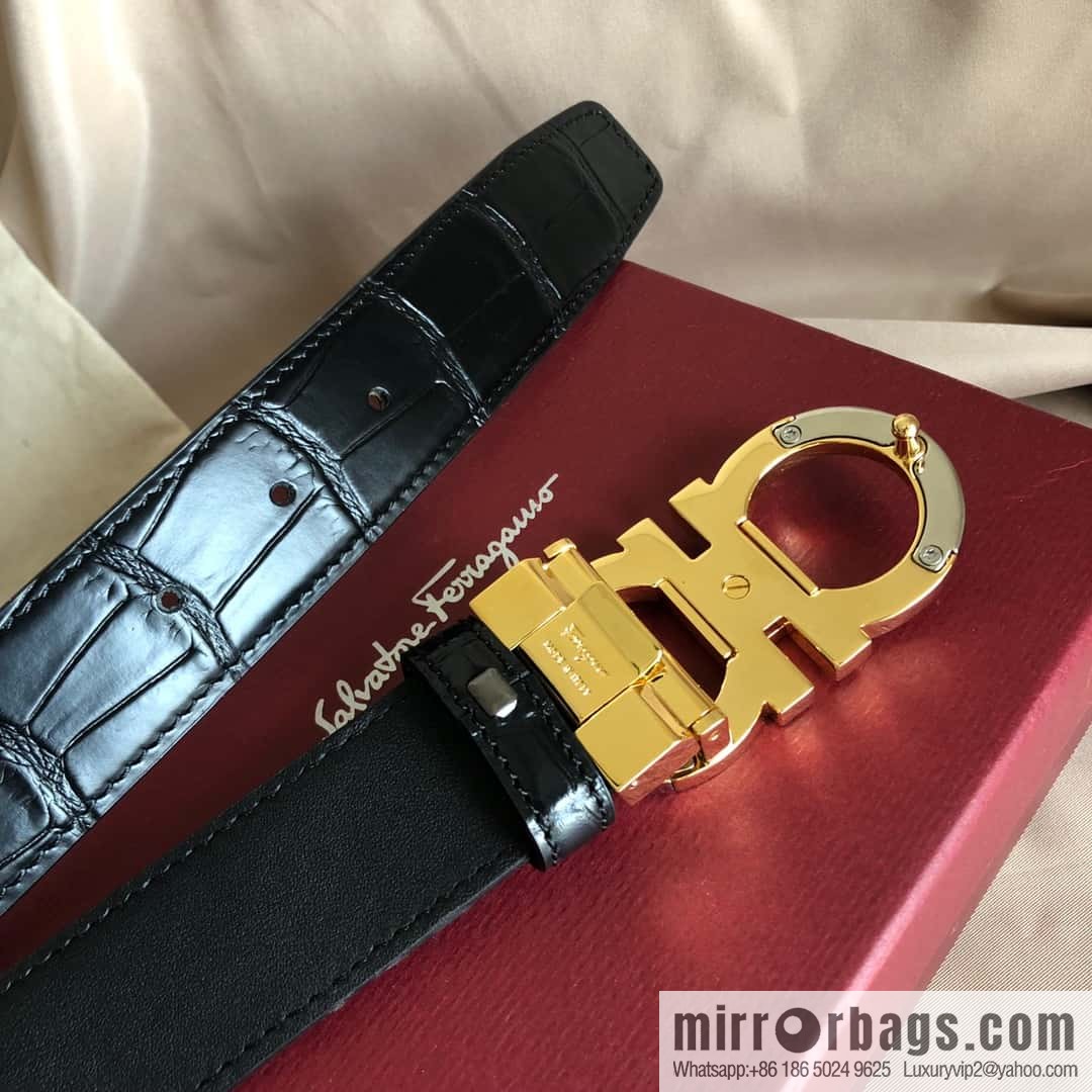 Ferragamo Gancio Double Circle Intertone Edge Metal Clip Buckle, Crocodile Belt 3.5cm