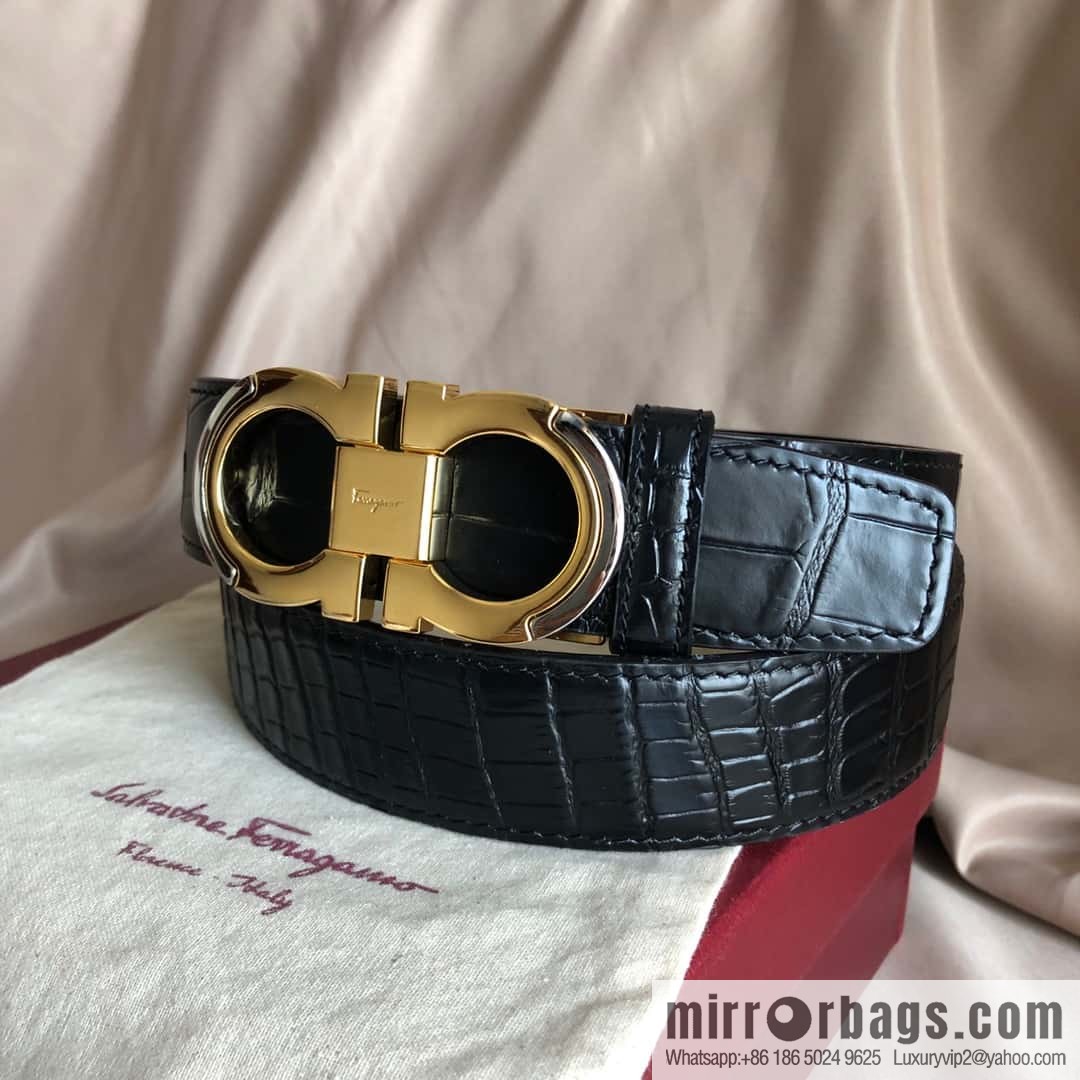 Ferragamo Gancio Double Circle Intertone Edge Metal Clip Buckle, Crocodile Belt 3.5cm