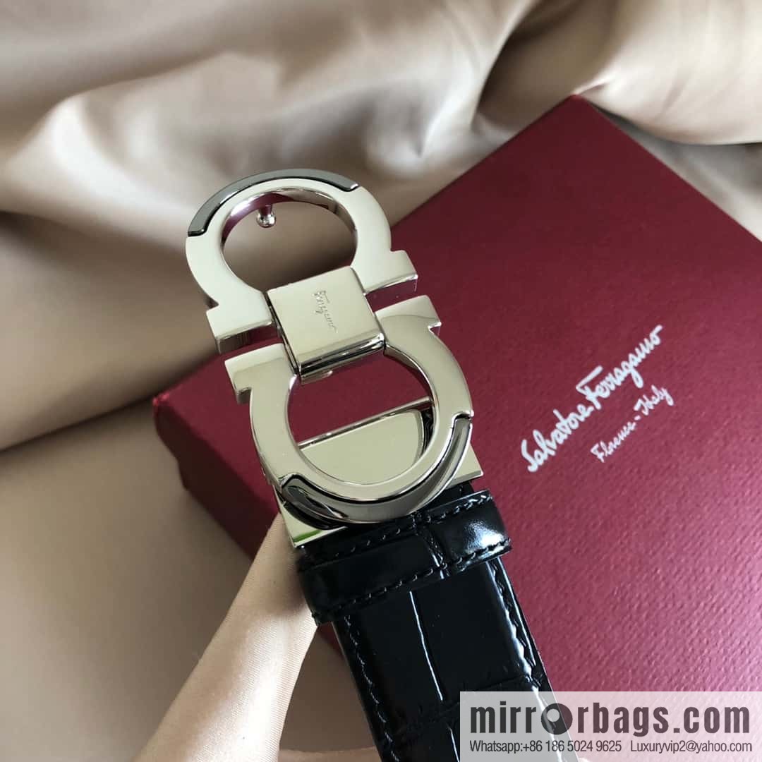Ferragamo Gancio Double Circle Intertone Edge Metal Clip Buckle, Crocodile Belt 3.5cm
