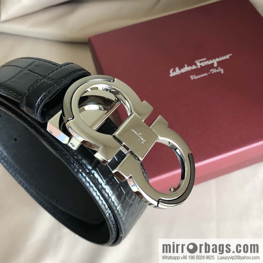 Ferragamo Gancio Double Circle Intertone Edge Metal Clip Buckle, Crocodile Belt 3.5cm