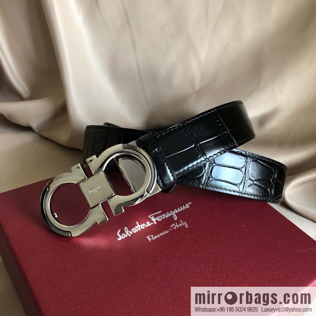 Ferragamo Gancio Double Circle Intertone Edge Metal Clip Buckle, Crocodile Belt 3.5cm
