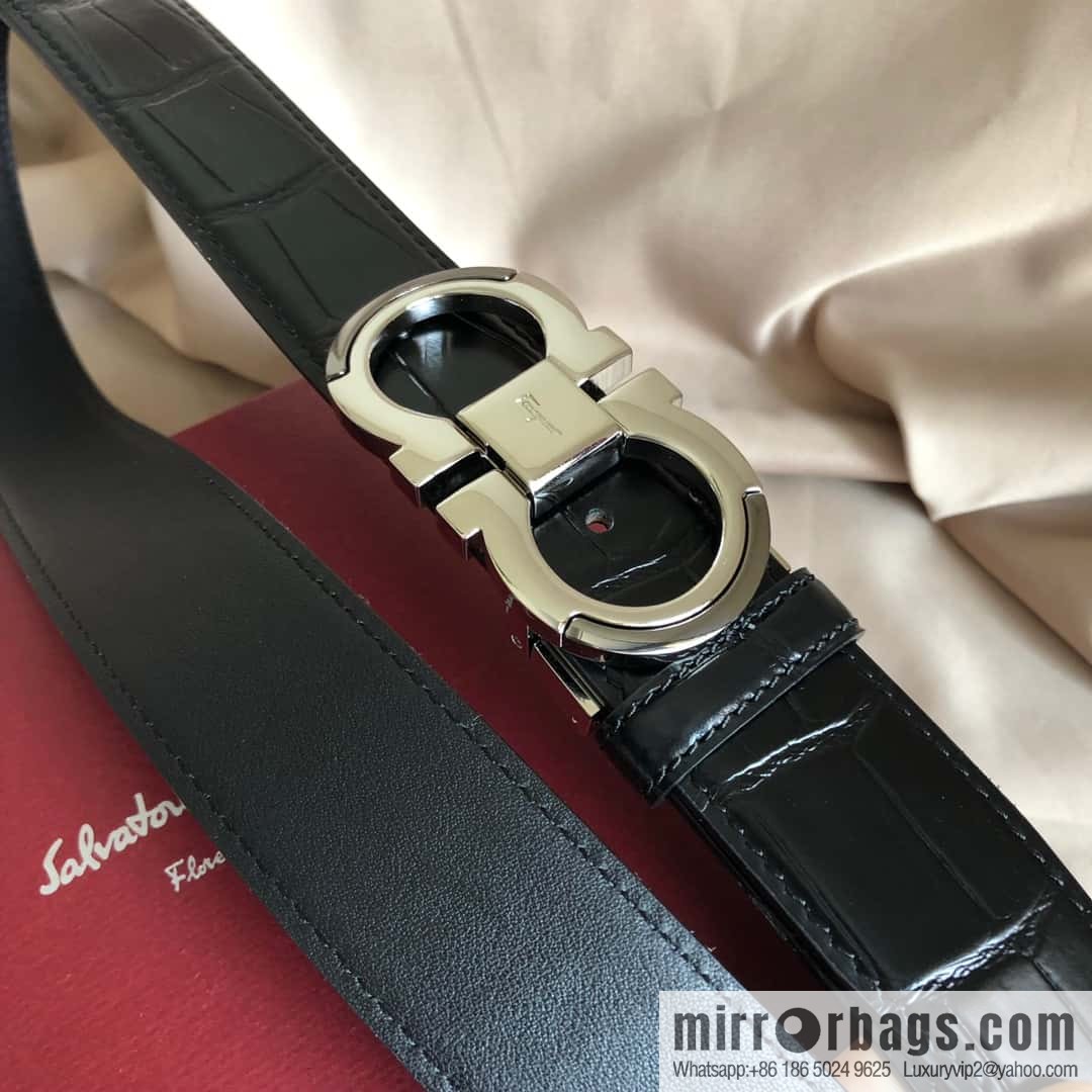 Ferragamo Gancio Double Circle Intertone Edge Metal Clip Buckle, Crocodile Belt 3.5cm