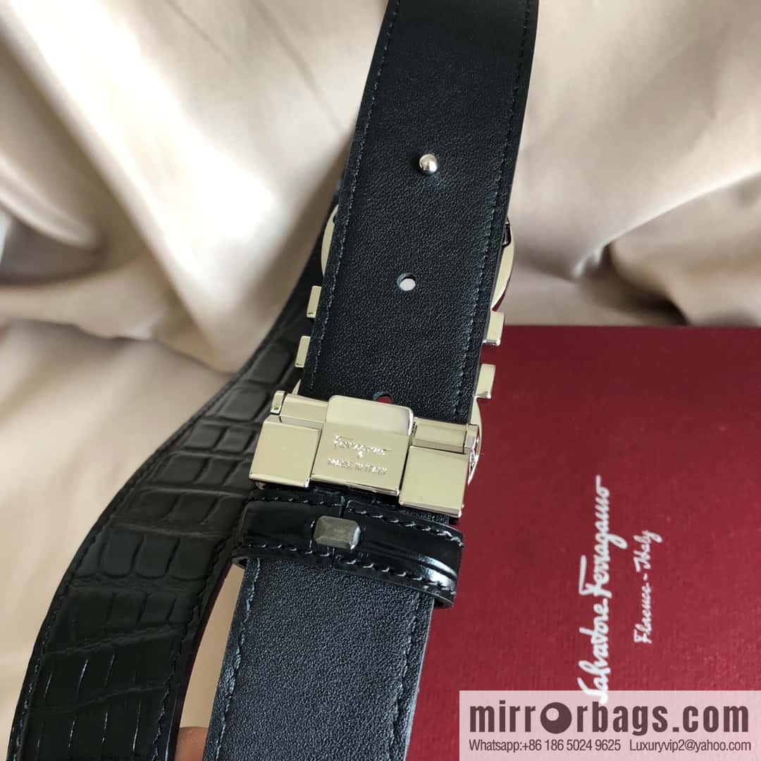 Ferragamo Gancio Double Circle Intertone Edge Metal Clip Buckle, Crocodile Belt 3.5cm