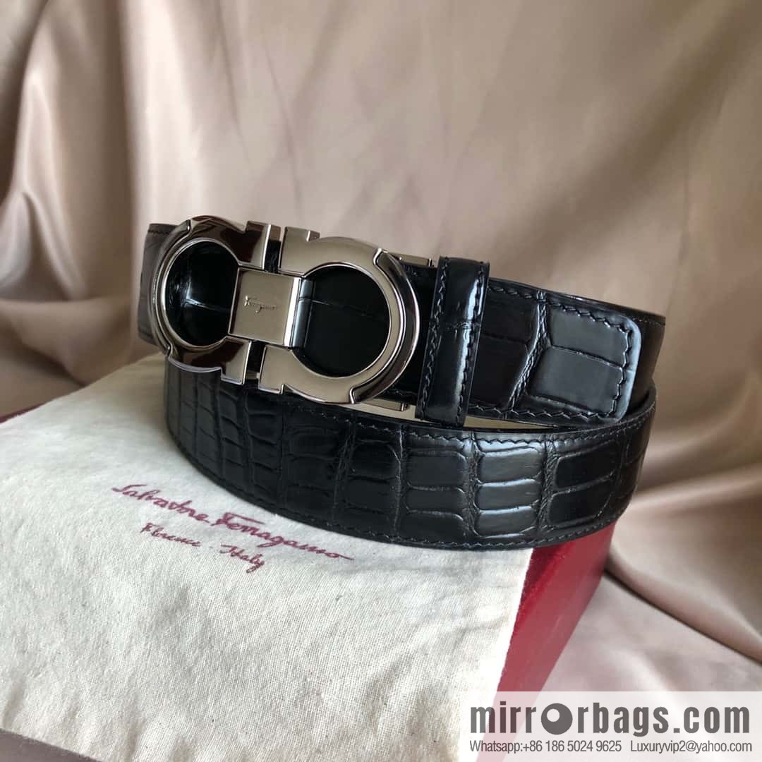 Ferragamo Gancio Double Circle Intertone Edge Metal Clip Buckle, Crocodile Belt 3.5cm
